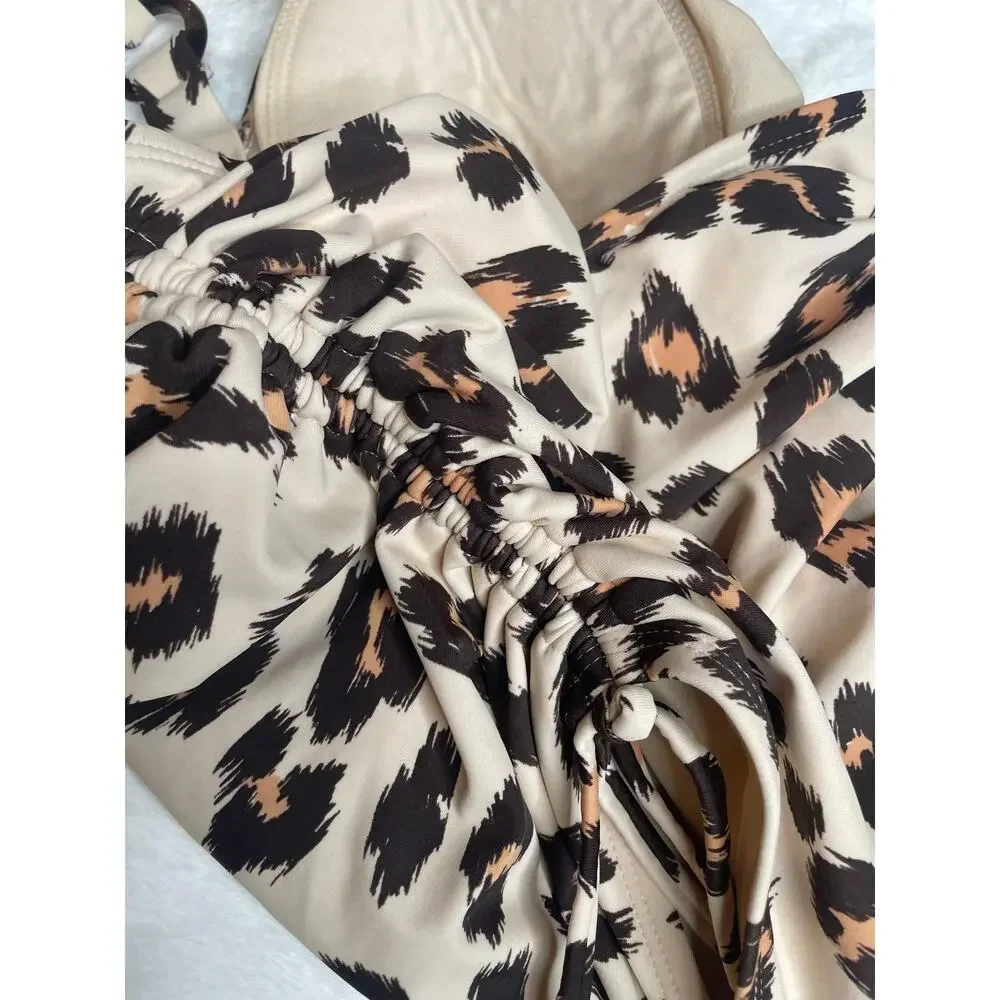 Kona Sol Leopard Print Ruched One Piece Swimsuit Side Tie Detail Size Large - Picture 6 of 8